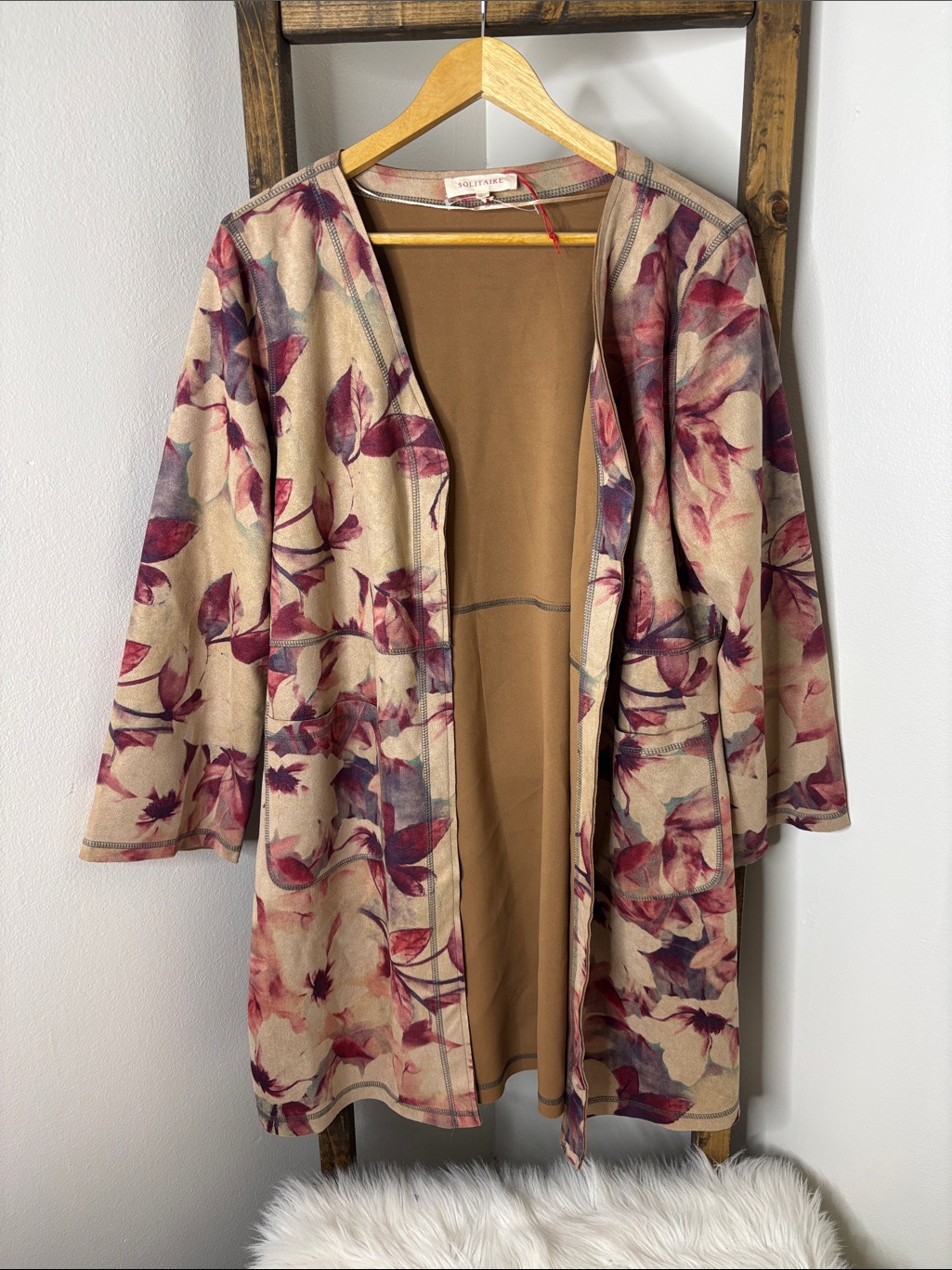 Solitaire Beige Duster Open-Front Cardigan With Leaf Print Size L